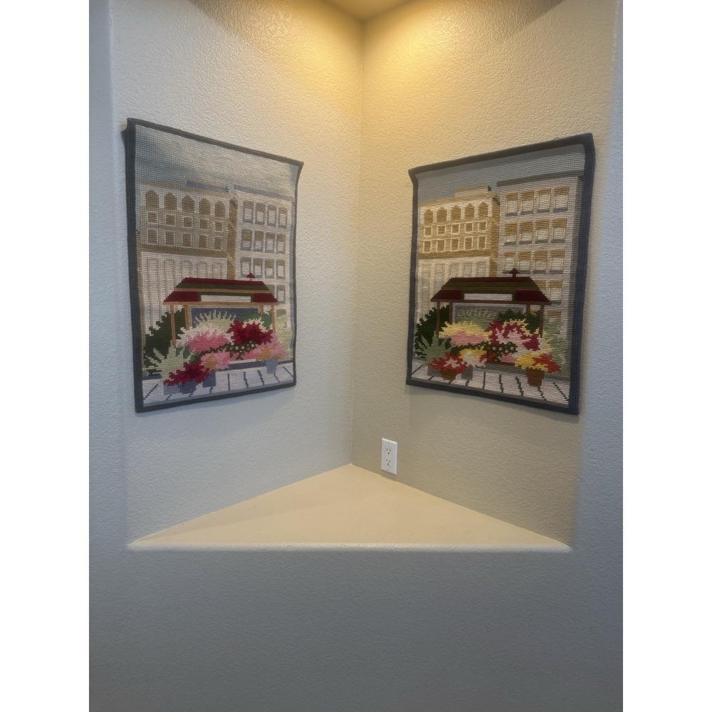 Vintage Hand Hooked Flower Market Wall Hanging Pair 21x27 Textile Fiber Art